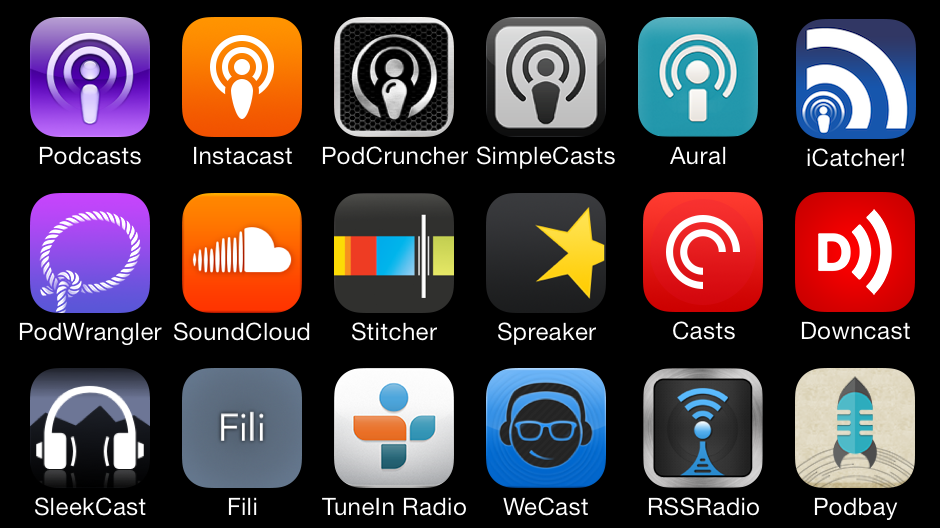 Icons of 18 existing iOS podcast apps